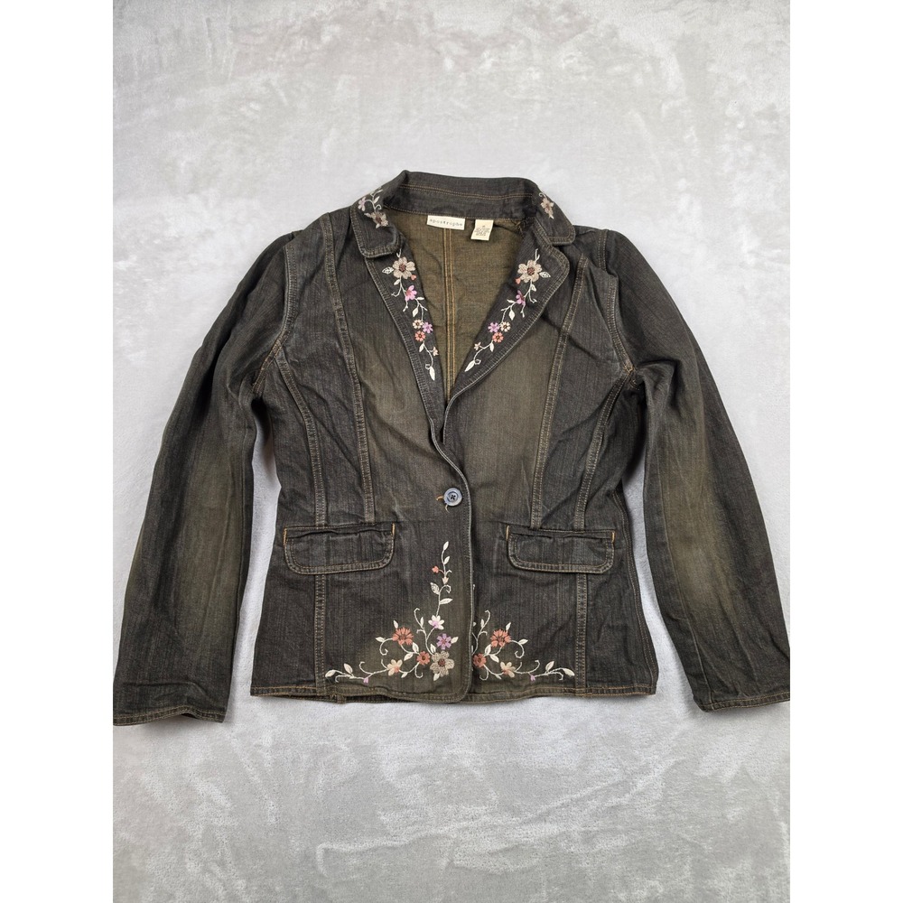 Apostrophe Denim Blazer Women Juniors 16 Fit M/L Brown Floral Jean Jacket *Read
